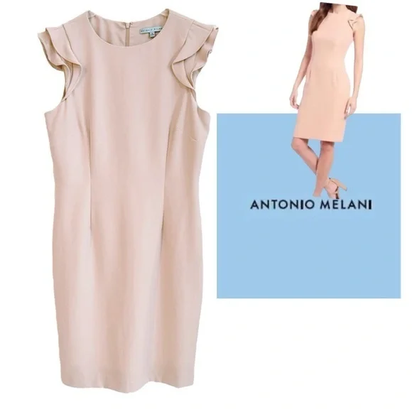 ANTONIO MELANI MOLLY RUFFLES PINK SAND STRAIGHT SHEATH EASTER DRESS SZ 10 NWT - Picture 1 of 5